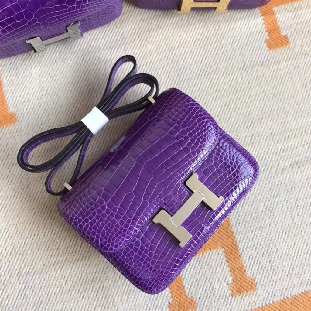 Hermes Shiny Crocodile Constance Bag Cm In L Ultraviolet Silver