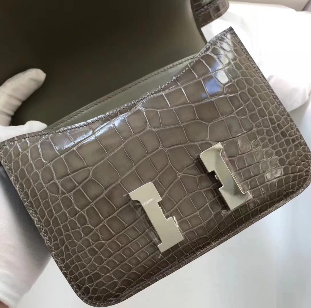 Luxury Hermes Alligator Shiny Crocodile Constance Cm Bag In C Gris