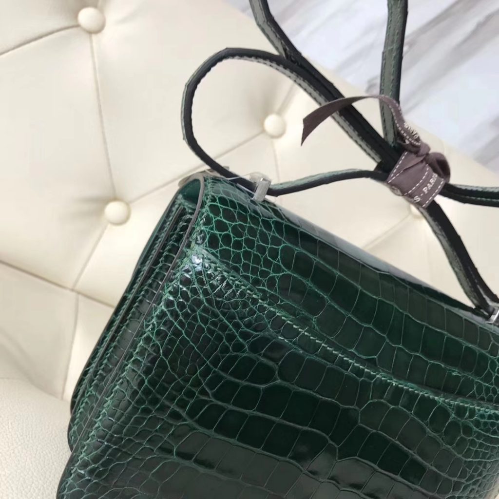 Luxury Hermes Ck Vert Fonce Shiny Crocodile Leather Constance Cm Bag