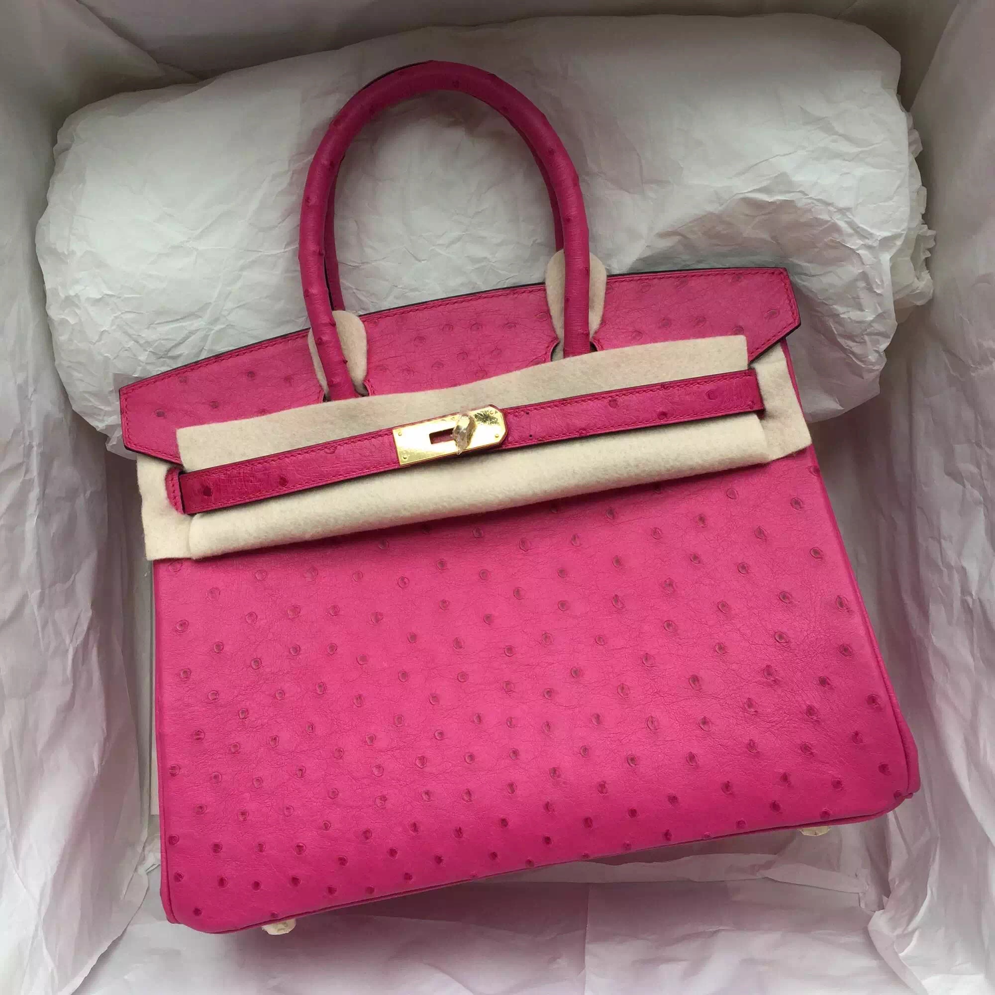Hand Stitching Hot Pink Ostrich Leather Hermes Birkin Bag 30CM Gold ...