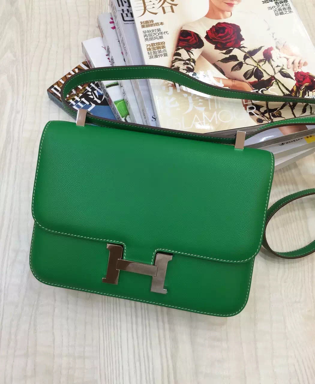 Hot Sale Hermes Constance Bag 24CM Epsom Leather Bamboo Green Fashion ...