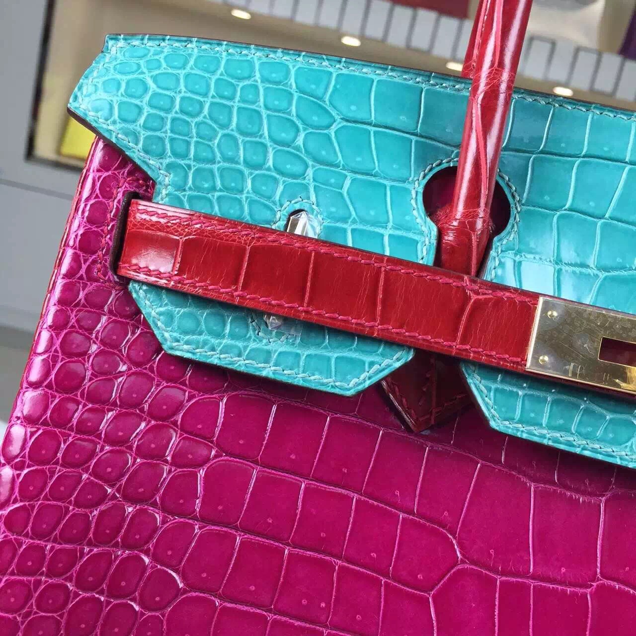 2015 New Hermes Birkin Bag30CM Color-blocking Crocodile Shiny Leather ...