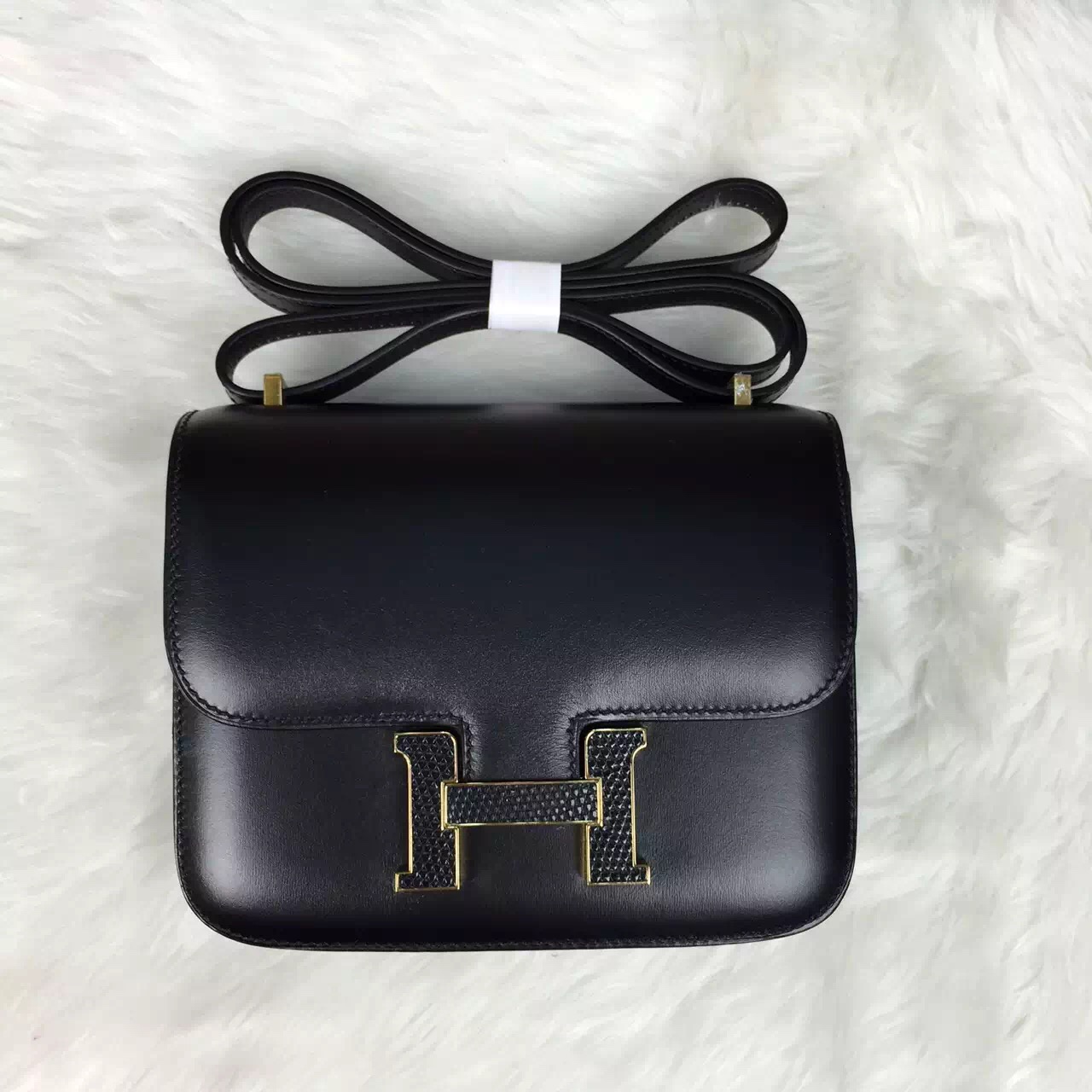 Hand Stitching Hermes Black Box Calfskin Leather Constance Bag Cross ...