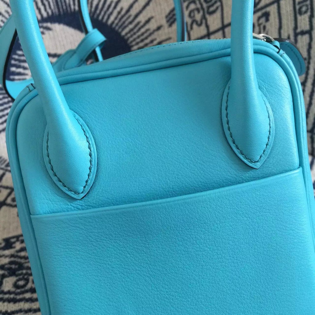 Luxury Women's Handbag Hermes 7B Turquoise Blue Swift Leather Lindy26CM ...