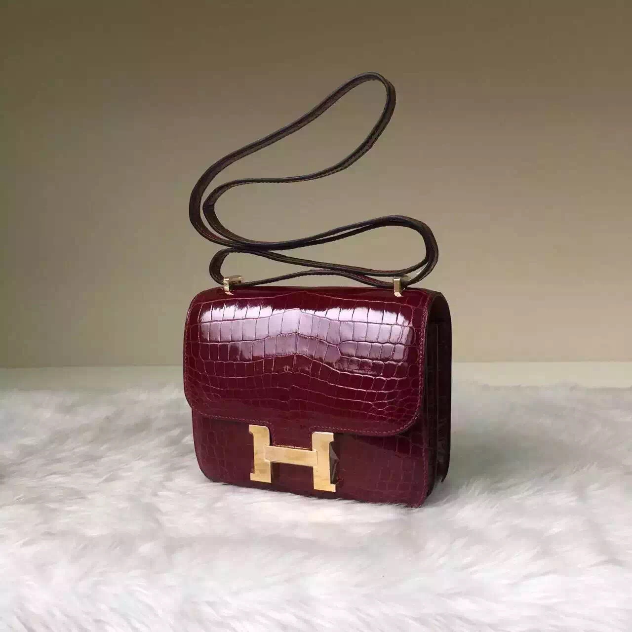 Hand Stitching Hermes Constance Bag 19CM Bourgogne Red HCP Crocodile ...