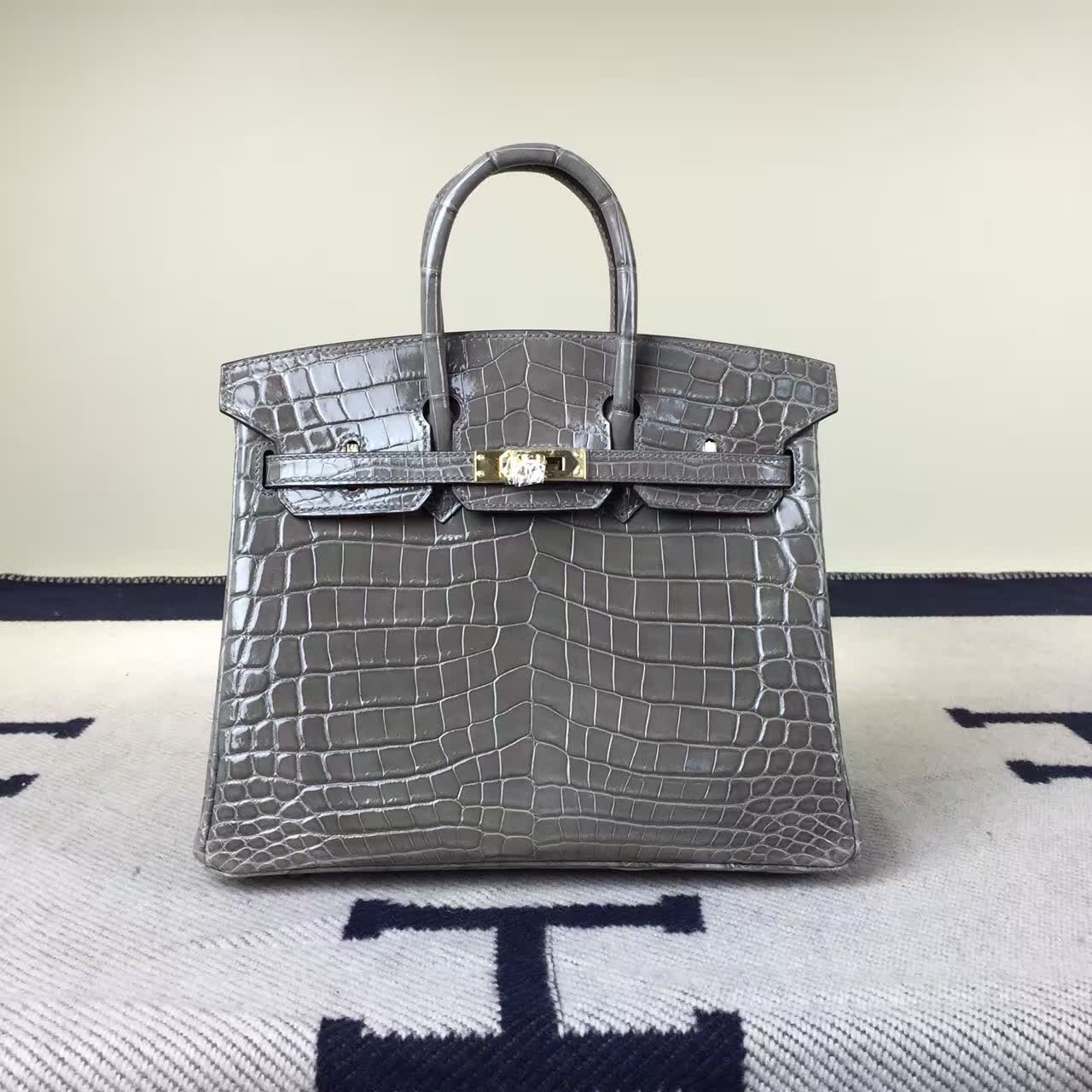 Fashion Hermes CK18 Etoupe Grey Crocodile Shiny Leather Birkin Bag 25cm ...