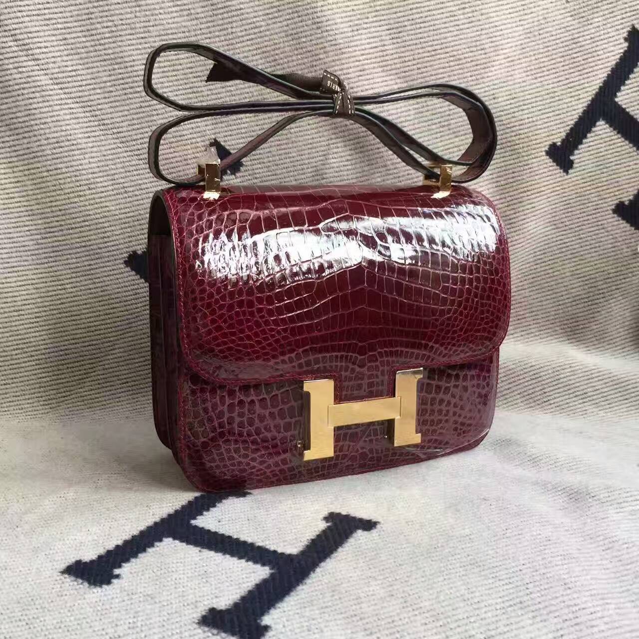 Hermes CK57 Bordeaux Red Crocodile Shiny Leather Constance Bag24cm ...