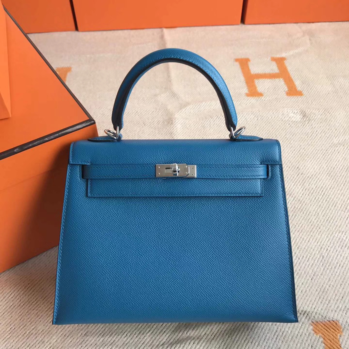 On Sale Hermes 7W Blue Izmir Epsom Leather Kelly Bag25cm Silver ...