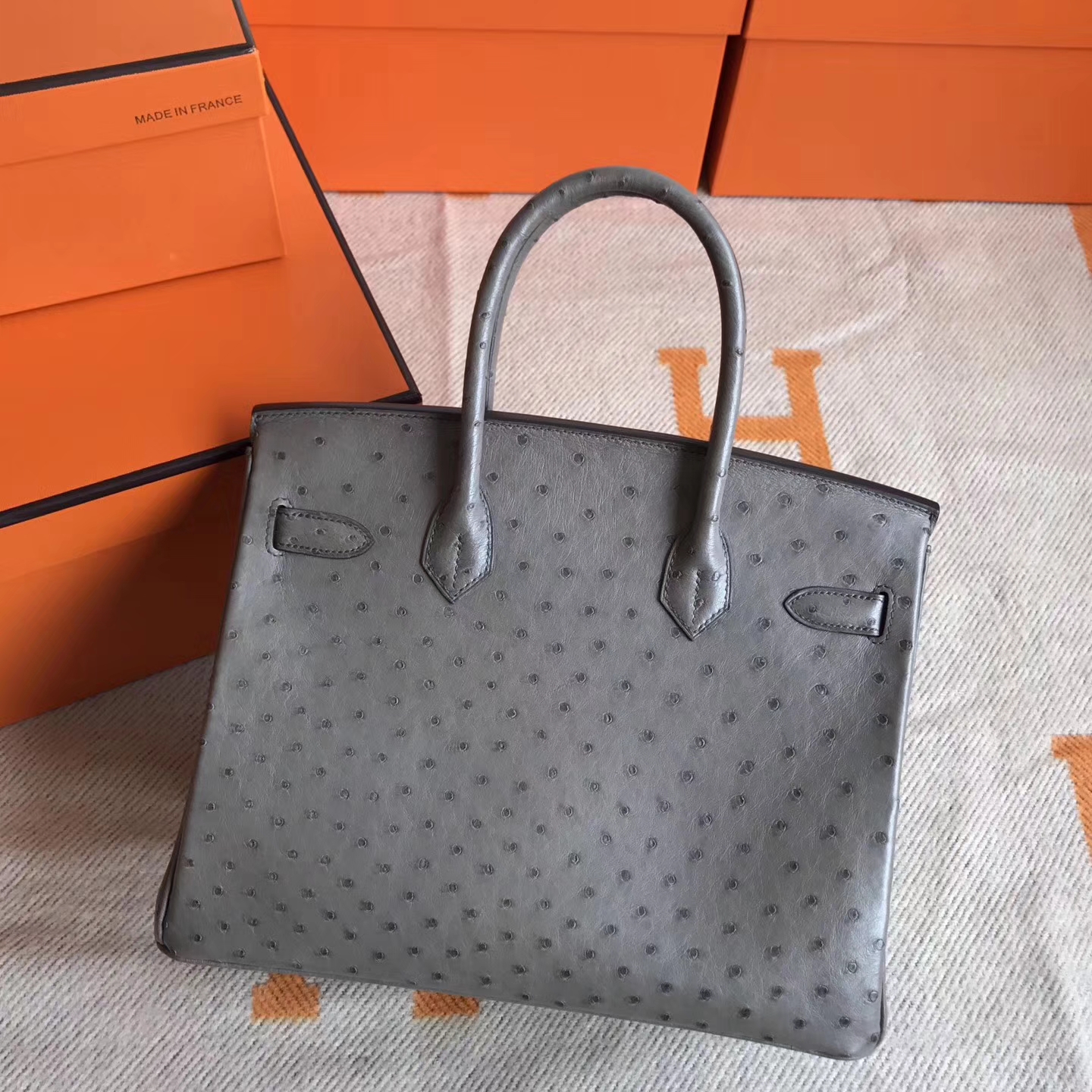 High Quality Hermes Mousse Grey France Ostrich Leather Birkin Bag 30cm