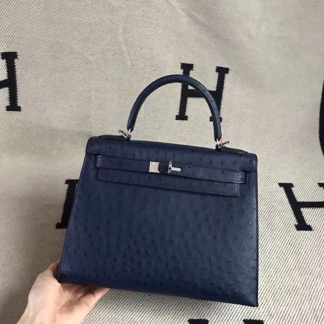 Wholesale Hermes France Imported Ostrich Leather Kelly28CM in Blue Atoll