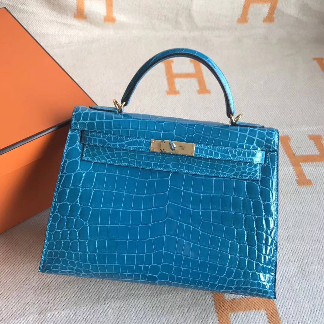 Elegant Hermes 7W Blue Izmir Crocodile Shiny Leather Kelly28CM Handbag ...