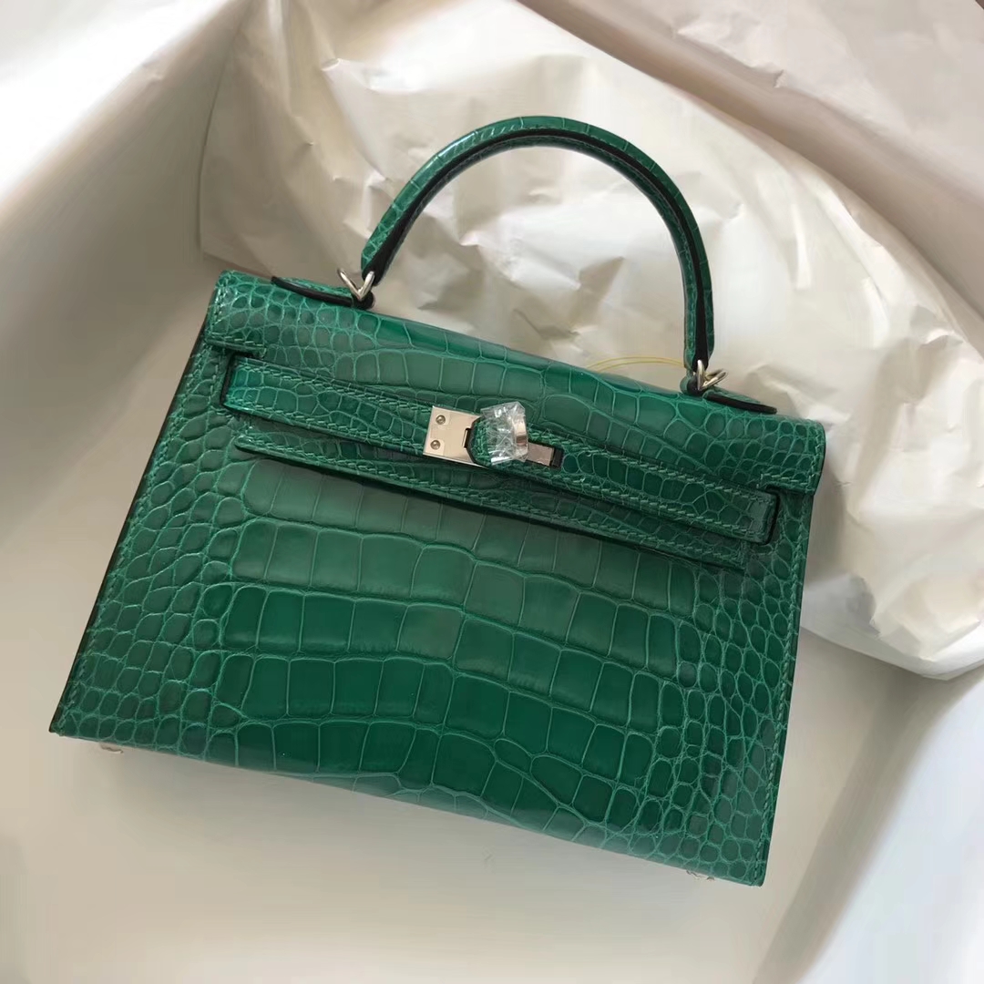 Sale Hermes Shiny Crocodile Leather Minikelly-2 Evening Bag Silver ...