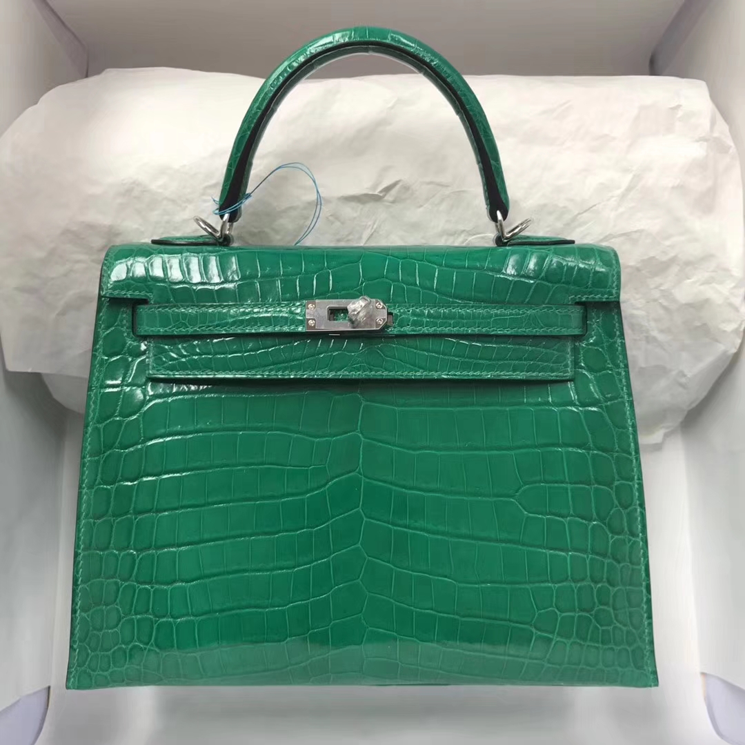 Elegant Hermes 6Q Emerald Green Crocodile Shiny Kelly25CM Bag Silver ...