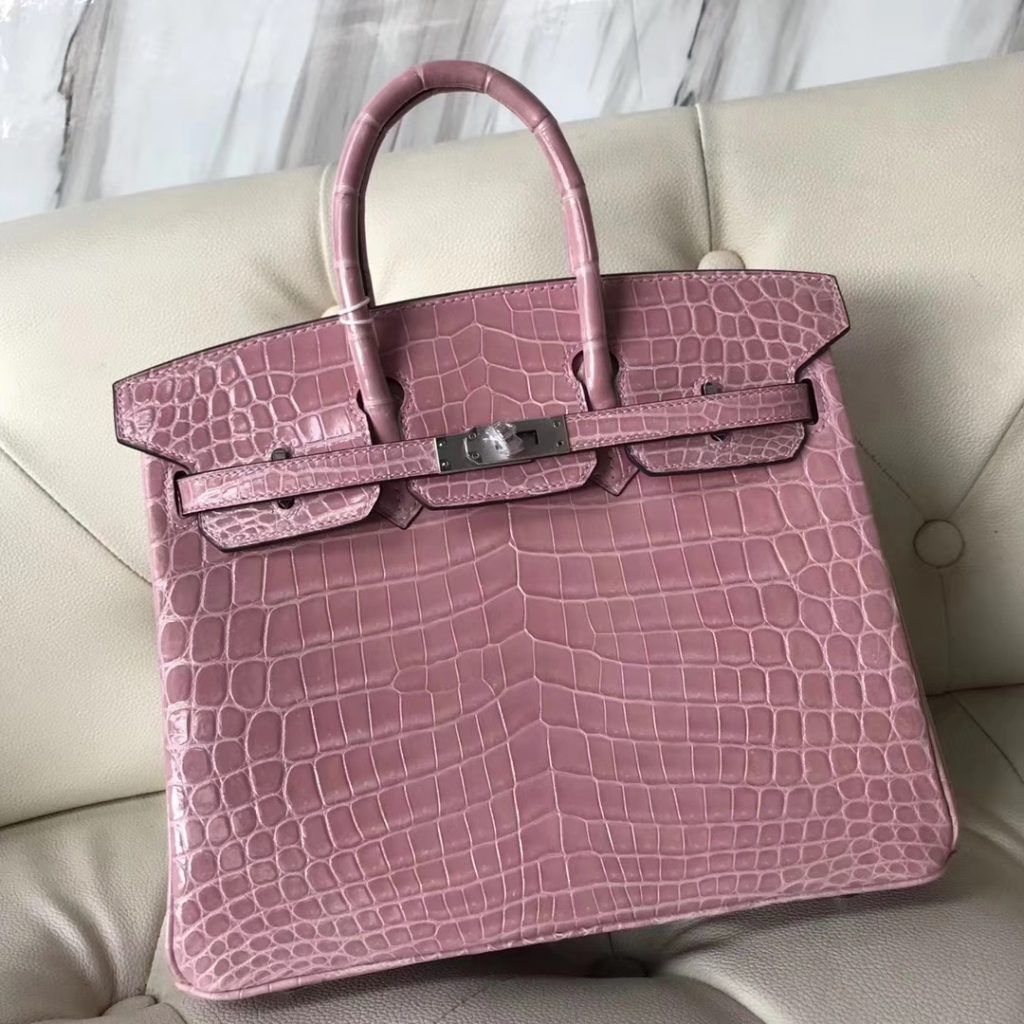 Pretty Hermes 5Z Rose Indienne Shiny Crocodile Birkin25CM Bag Silver ...