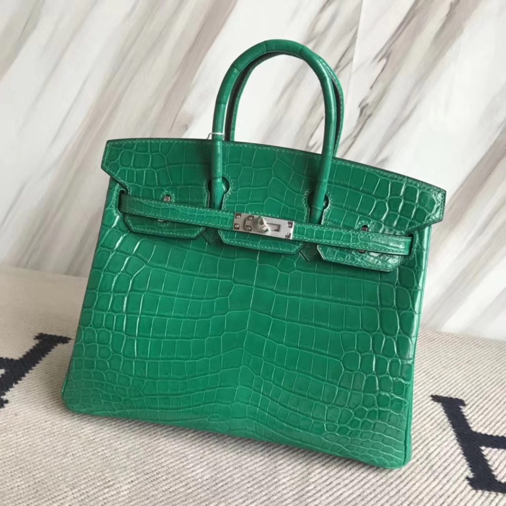 Elegant Hermes Crocodile Shiny Birkin Bag25CM in 6Q Emerald Green ...