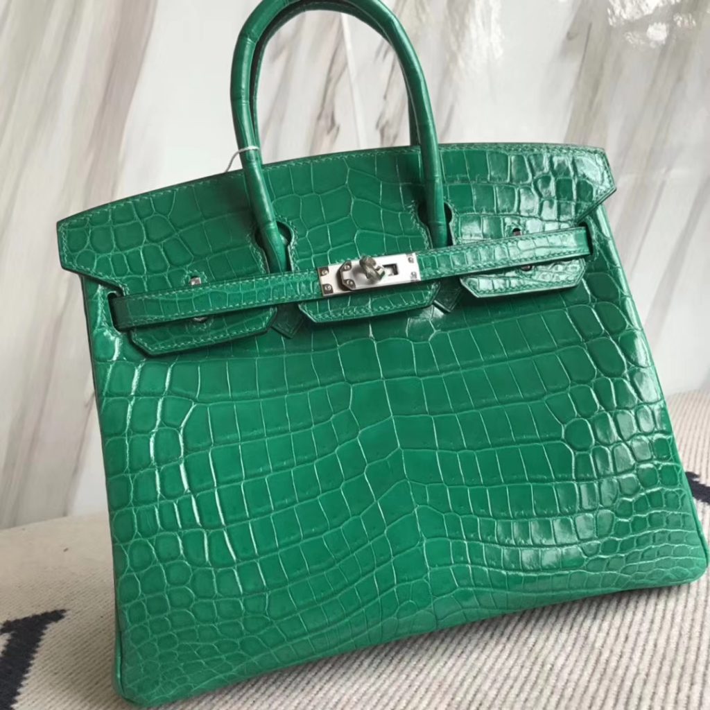 Elegant Hermes Crocodile Shiny Birkin Bag25CM in 6Q Emerald Green ...