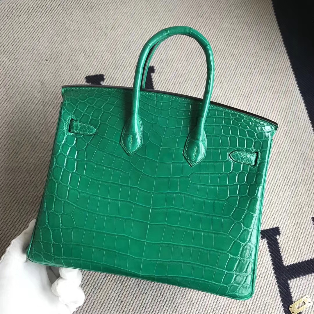 Elegant Hermes Crocodile Shiny Birkin Bag25CM in 6Q Emerald Green ...