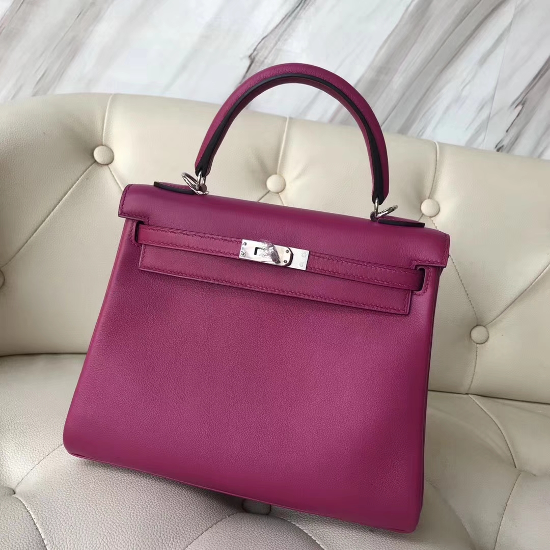 Fashion Hermes L3 Rose Purple Swift Calf Retourne Kelly25CM Bag Silver ...