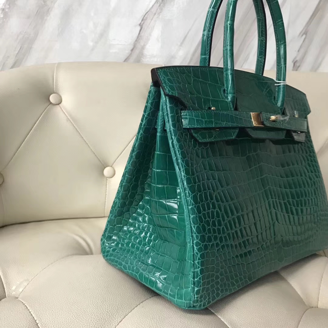Luxury Hermes 6Q Emerald Green Shiny Crocodile Leather Birkin30CM Bag ...