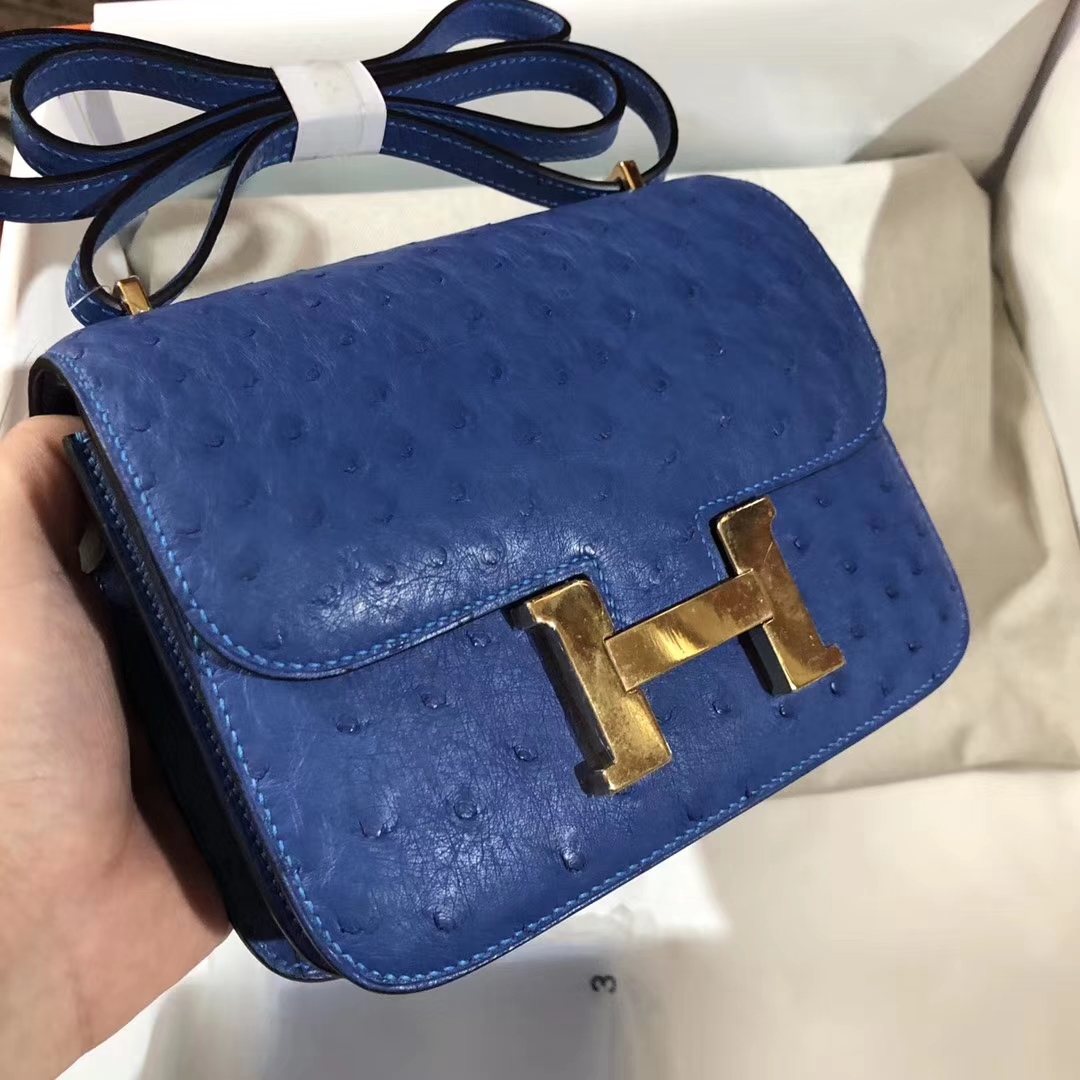 Luxury Hermes Ostrich Leather Constance Shoulder Bag19CM in 7Q Blue ...