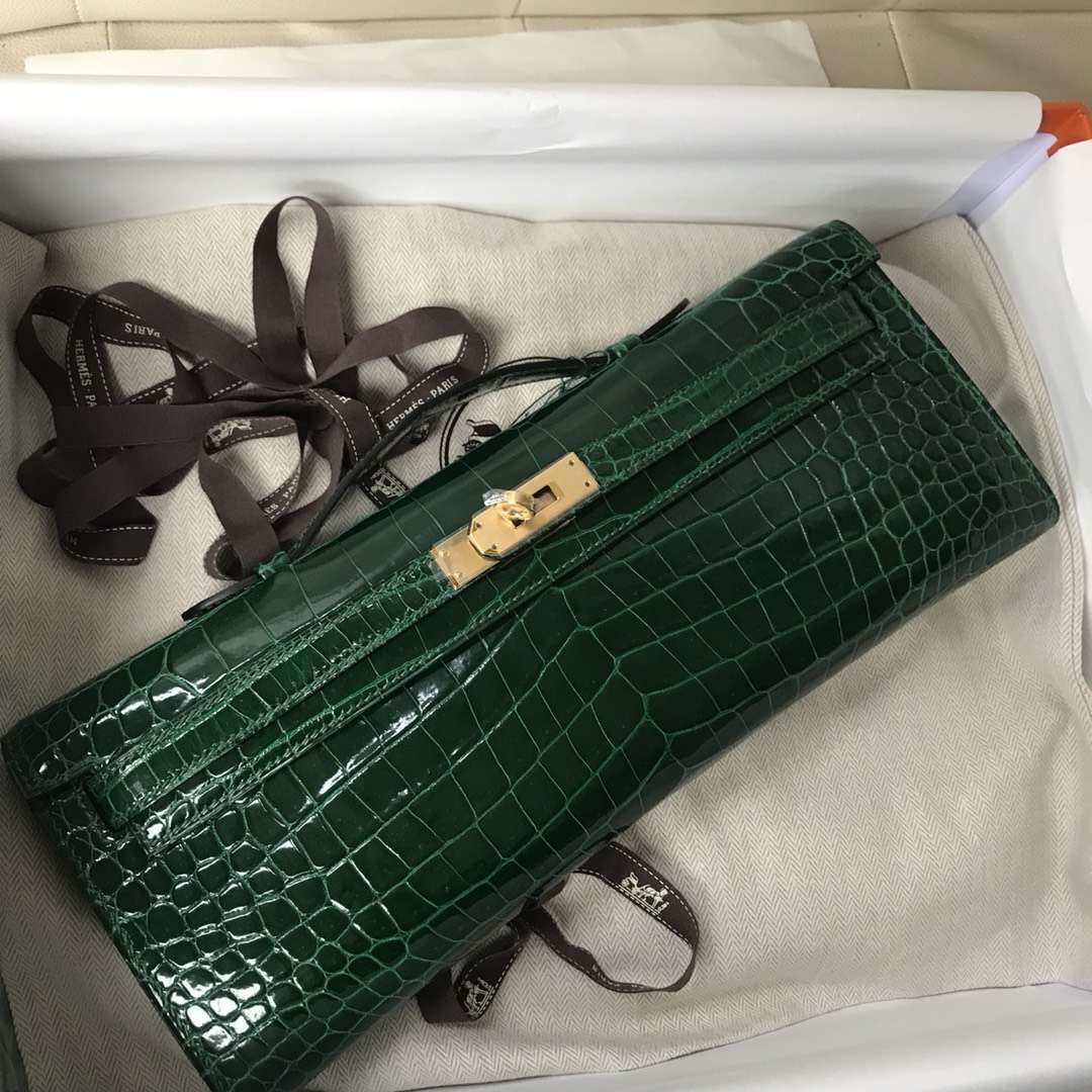 Hermes Kelly 31cm Emerald Cut Pochette Shiny Croc PHW
