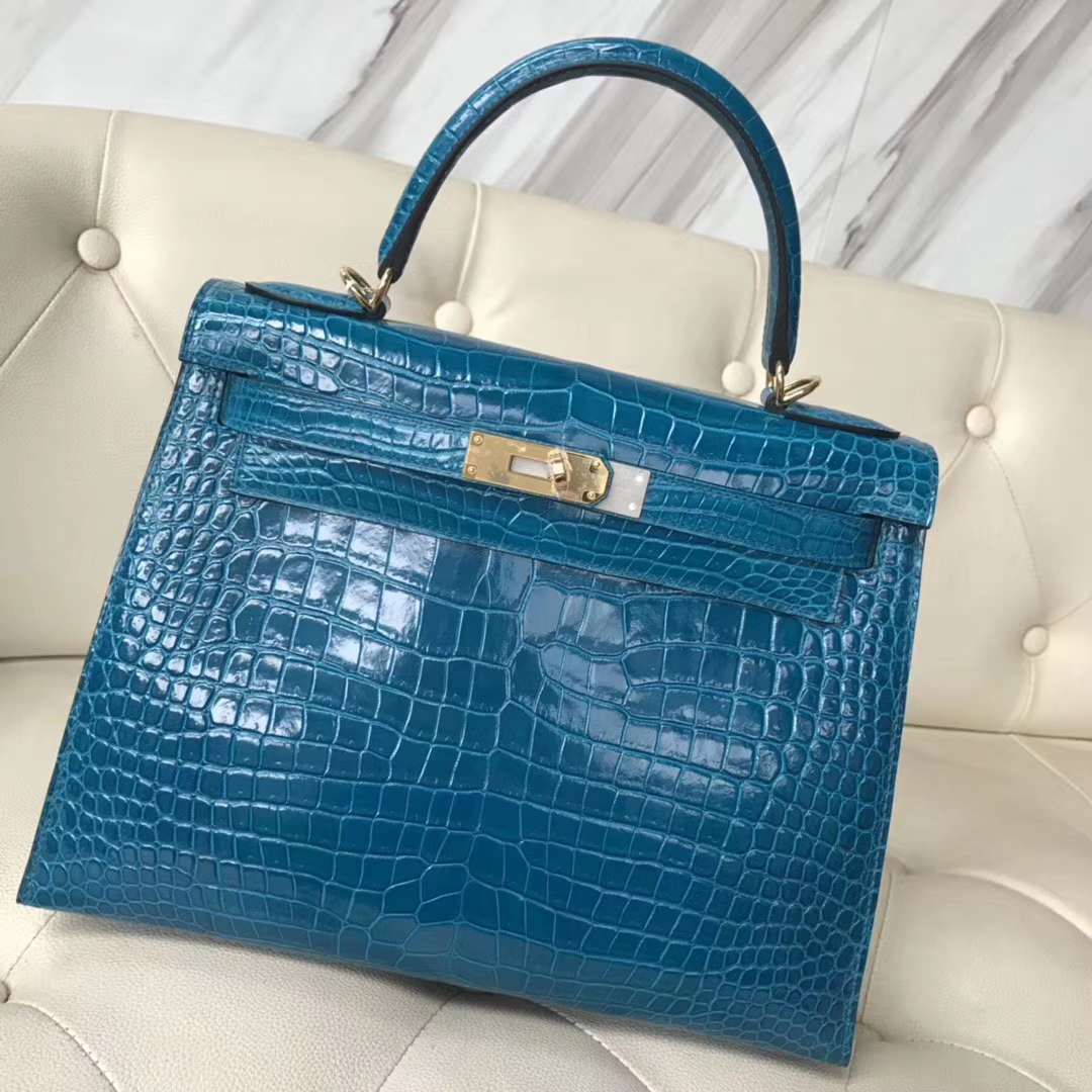 Luxury Hermes Porosus Shiny Crocodile Kelly28CM Tote Bag in 7W Blue ...