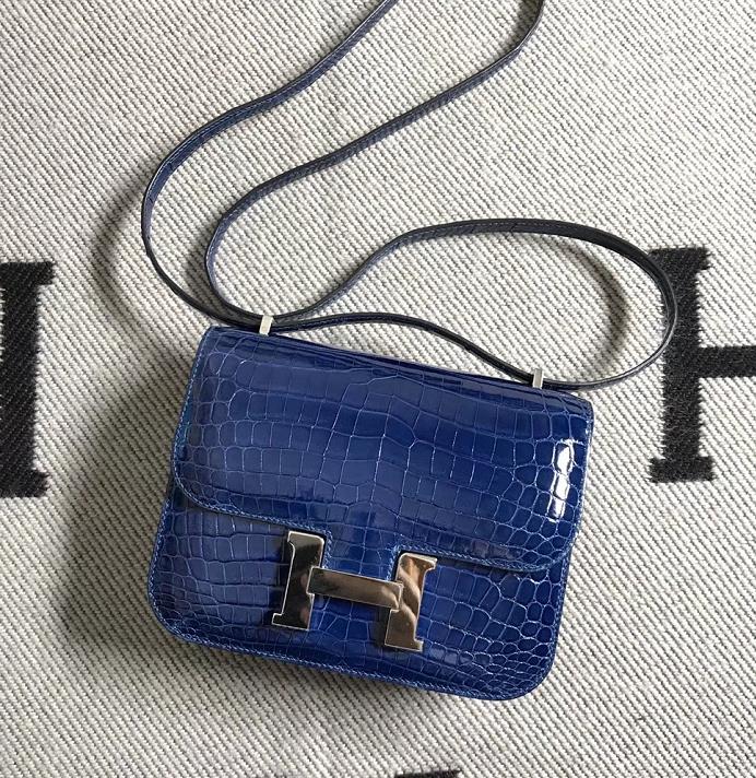 Stock Hermes Shiny Crocodile Constance Bag19CM in Royal Blue Silver ...