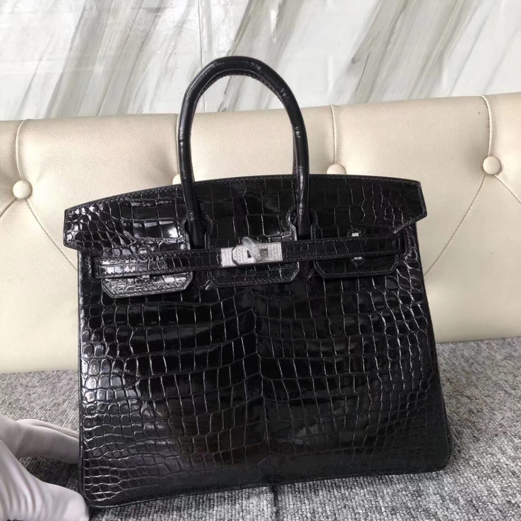 Customize Hermes CK89 Black Shiny Crocodile Birkin Bag25CM Silver ...