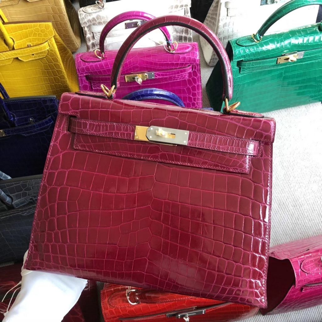 Stock Hermes N5 Cassis Purple Shiny Crocodile Kelly Bag28CM Gold ...